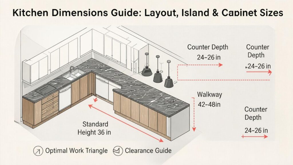 Kitchen Dimensions Guide: Layout, Island & Cabinet Sizes
